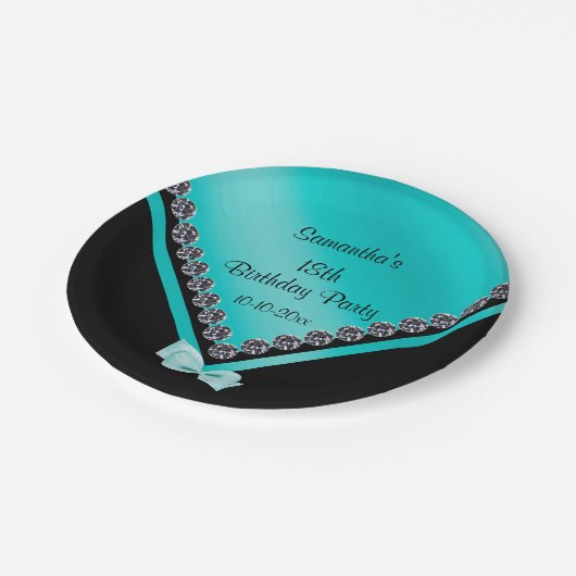  Sparkly Diamonds & Blauwgroen Bow 18th Birthday Papieren Bordje (Gekanteld)