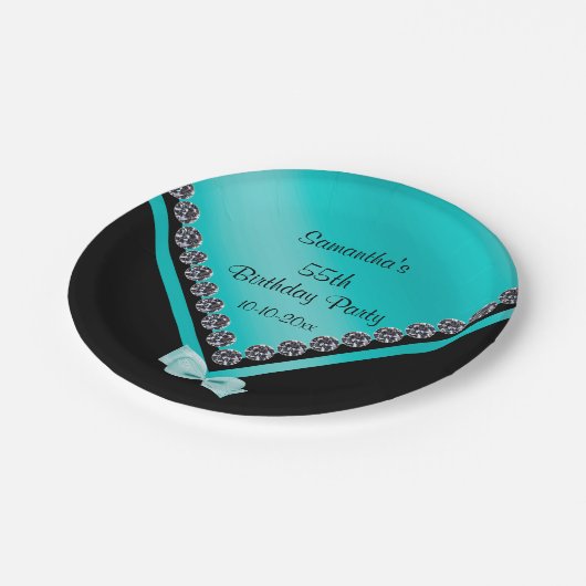 Sparkly Diamonds & Blauwgroen Bow 55th Birthday Papieren Bordje (Gekanteld)