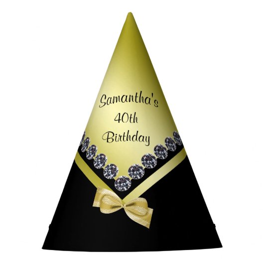 Sparkly Diamonds & Gold Bow 40th Birthday Feesthoedjes (Voorkant)