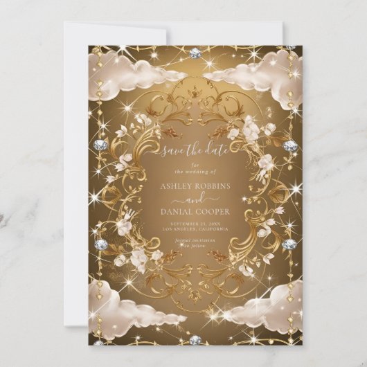 Sparkly Diamonds Golden Florals Save The Date Kaart (Voorkant)