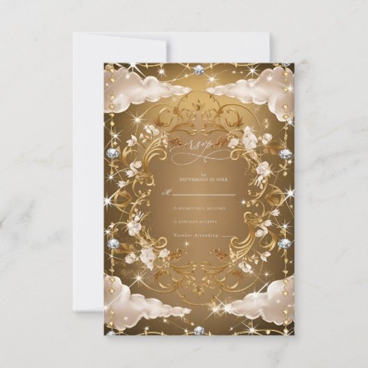 Sparkly Diamonds Gouden bloemen Huwelijk RSVP Kaartje (Voorkant)