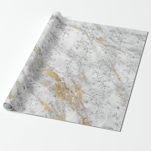 Sparkly Diamonds Marble Gold White Grey Cadeaupapier (Uitgerold)