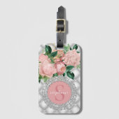 Sparkly Diamonds Pink Roses Monogram Bagagelabel (Voorkant (verticaal))