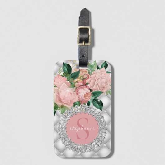Sparkly Diamonds Pink Roses Monogram Bagagelabel (Voorkant (verticaal))