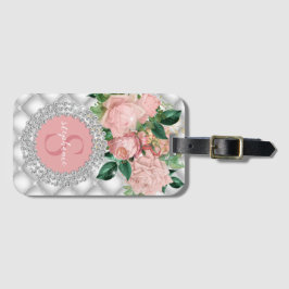 Sparkly Diamonds Pink Roses Monogram Bagagelabel