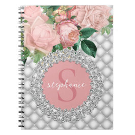 Sparkly Diamonds Pink Roses Monogram Notitieboek