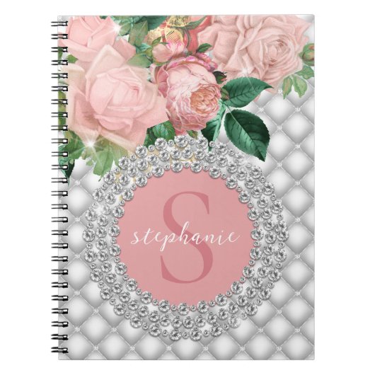 Sparkly Diamonds Pink Roses Monogram Notitieboek (Voorkant)