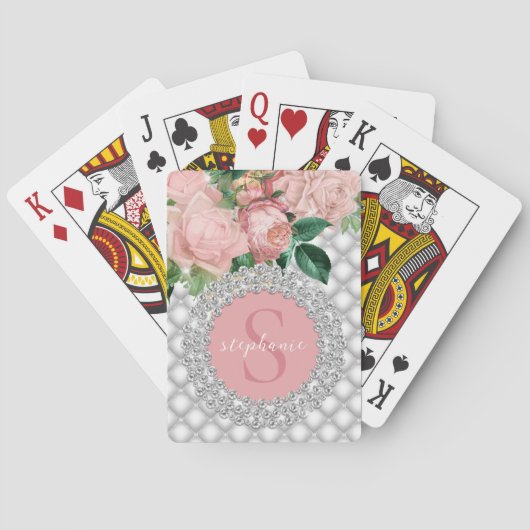 Sparkly Diamonds Pink Roses Monogram Pokerkaarten (Achterkant)