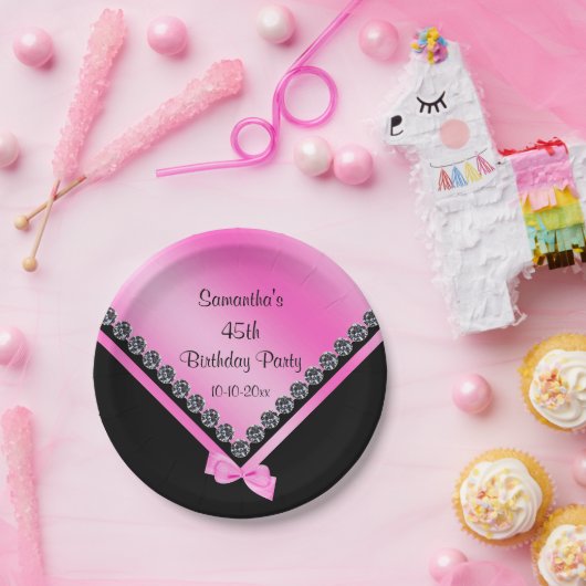  Sparkly Diamonds & Roze Bow 45th Birthday Papieren Bordje (Feest)