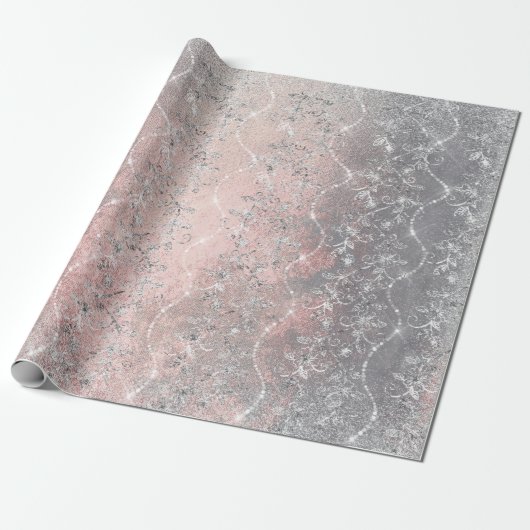 Sparkly Diamonds Silver Floral Pink Grey Brush Cadeaupapier (Uitgerold)