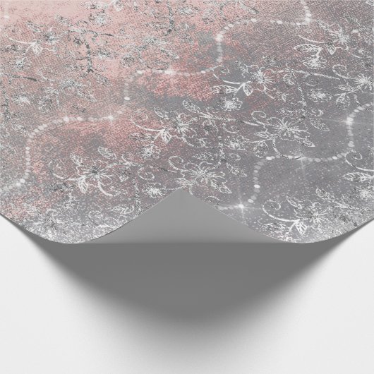 Sparkly Diamonds Silver Floral Pink Grey Brush Cadeaupapier (Hoek)