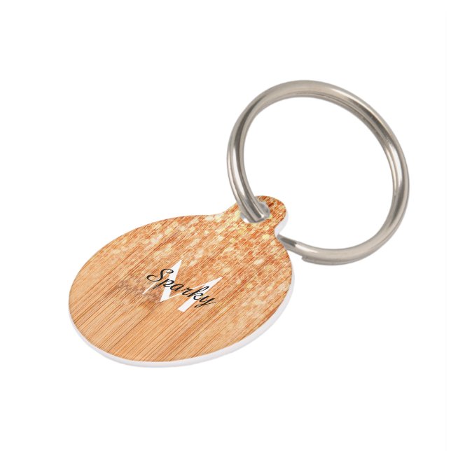 Sparkly elegante oranje bamboe houtprint huisdierpenning (Zijkant)