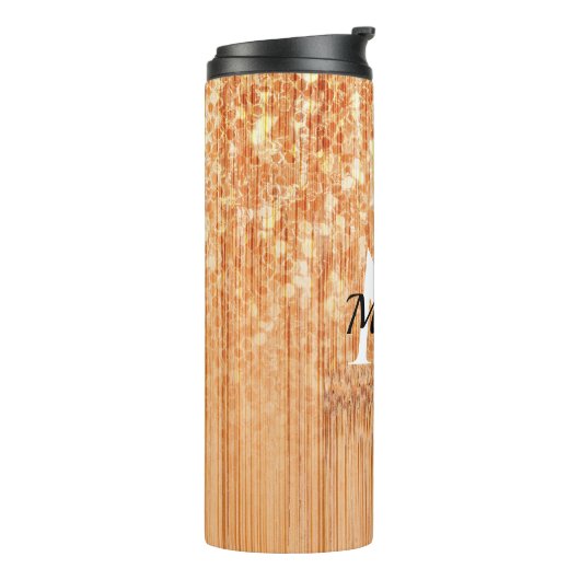 Sparkly elegante sinaasappel bamboe houtprint Mono Thermosbeker (Gedraaid links)