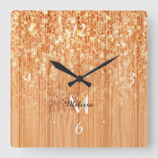 Sparkly elegante sinaasappel bamboe houtprint Mono Vierkante Klok (Voorkant)