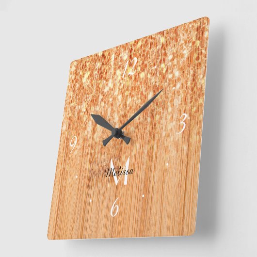 Sparkly elegante sinaasappel bamboe houtprint Mono Vierkante Klok (Hoek)