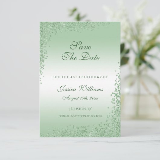 Sparkly Emerald Green Glitter Decoration Birthday Save The Date (Staand voorkant)