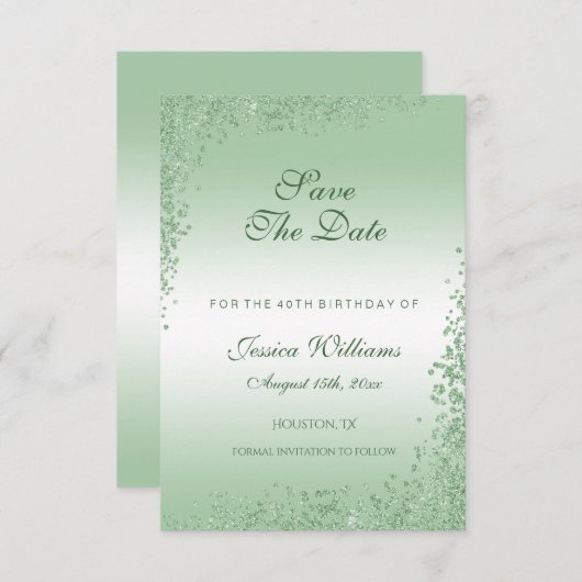 Sparkly Emerald Green Glitter Decoration Birthday Save The Date (Voorkant / Achterkant)