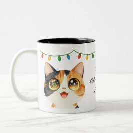 Sparkly-Eyed Cat Holy Christmas Lights Tweekleurige Koffiemok