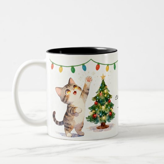 Sparkly-Eyed Christmas Tree Kitten Gift Tweekleurige Koffiemok (Links)