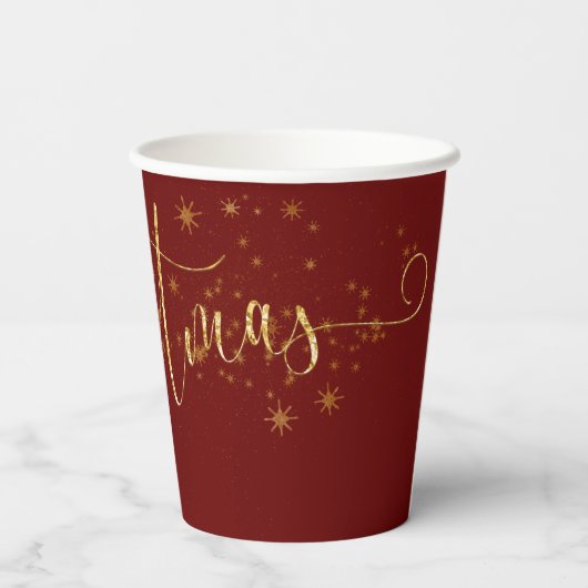 Sparkly Faux Gold Flake Merry Kerstmis op rood Papieren Bekers (Achterkant)