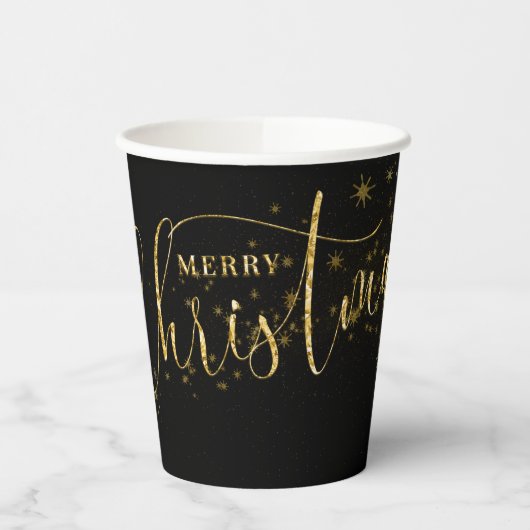 Sparkly Faux Gold Flake Merry Kerstmis op zwart Papieren Bekers (Links)
