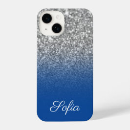Sparkly Faux Silver Glitter en Deep Blue Ombre iPhone 14 Hoesje
