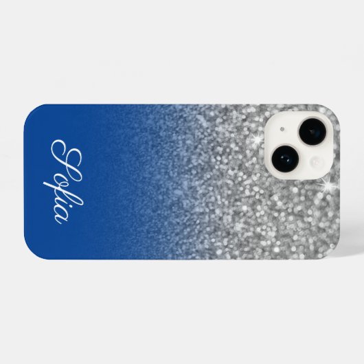 Sparkly Faux Silver Glitter en Deep Blue Ombre iPhone Hoesje (Achterkant horizontaal)