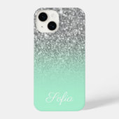 Sparkly Faux Silver Glitter en Mint Green Ombre iPhone Hoesje (Achterkant)