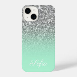 Sparkly Faux Silver Glitter en Mint Green Ombre iPhone 14 Hoesje