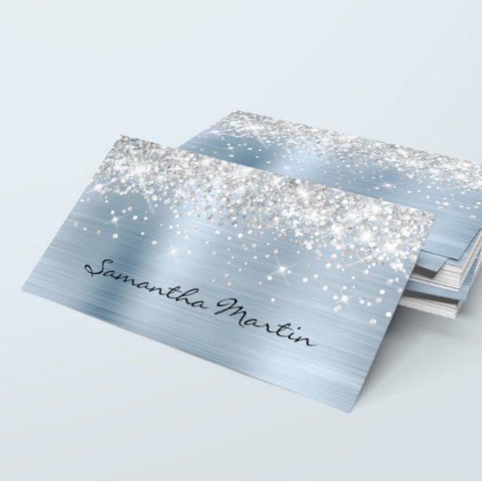 Sparkly Faux Silver Glitter Light Blue Folie Visitekaartje