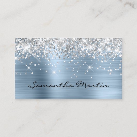 Sparkly Faux Silver Glitter Light Blue Folie Visitekaartje (Voorkant)