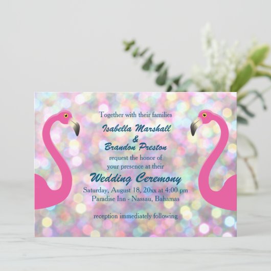 Sparkly Flamingo bruiloft uitnodiging (Staand voorkant)