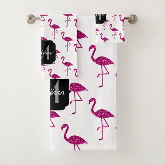 Sparkly flamingo Pink glitter sparters Monogram Bad Handdoek (Insitu)