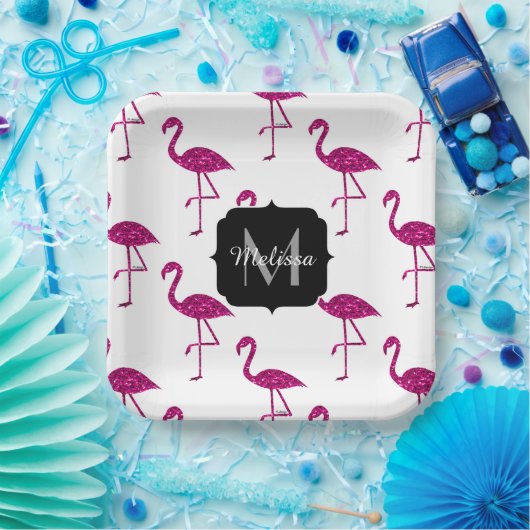 Sparkly flamingo Pink glitter sparters Monogram Papieren Bordje (Feest)