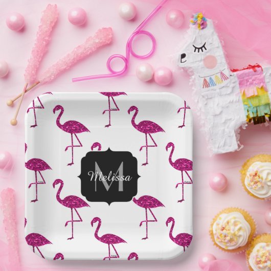 Sparkly flamingo Pink glitter sparters Monogram Papieren Bordje (Feest)