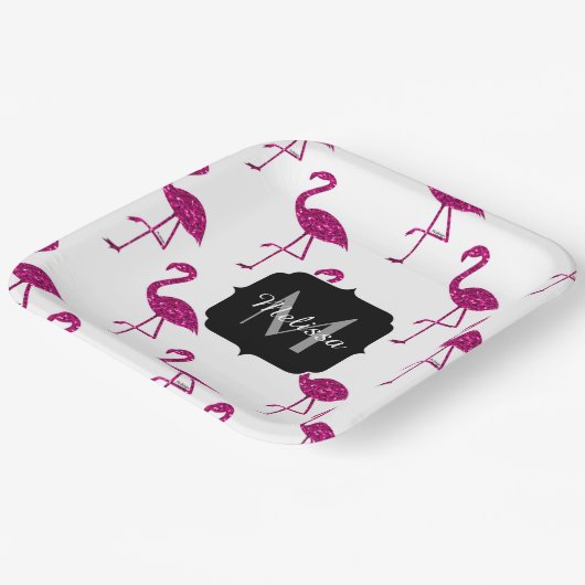 Sparkly flamingo Pink glitter sparters Monogram Papieren Bordje (Gebogen)