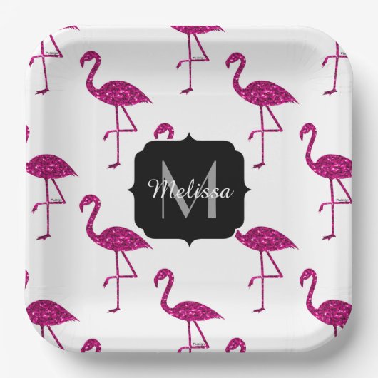 Sparkly flamingo Pink glitter sparters Monogram Papieren Bordje (Voorkant)