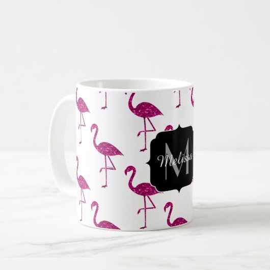 Sparkly flamingo Pink sparkles patroon Monogram Koffiemok (Voorkant links)