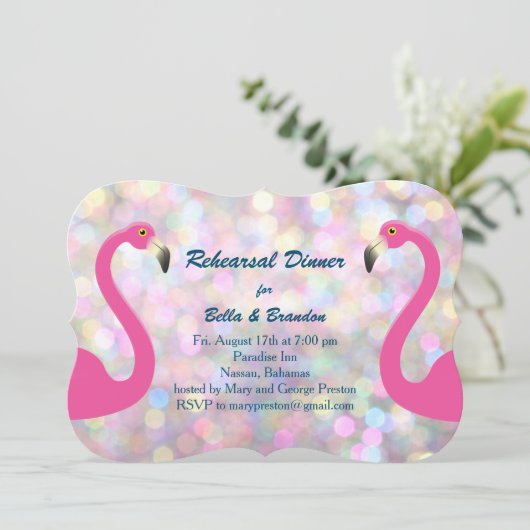 Sparkly Flamingo Rehearsal Dinner Invitation Kaart (Staand voorkant)