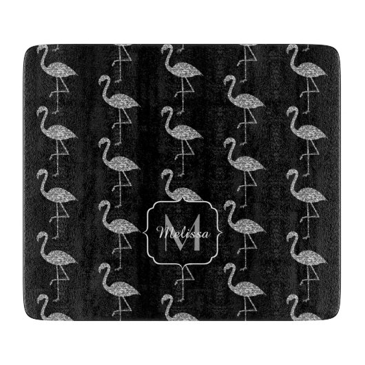 Sparkly flamingo Silver glitter Monogram Snijplank (Voorkant)