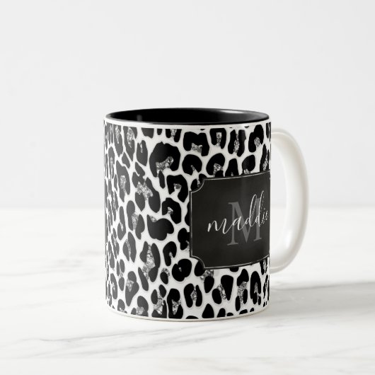 Sparkly Girly Glitter Leopard Monogramme Name Tweekleurige Koffiemok (Voorkant rechts)