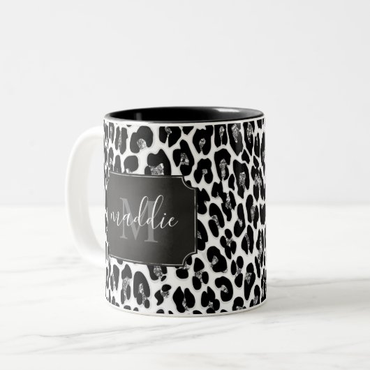 Sparkly Girly Glitter Leopard Monogramme Name Tweekleurige Koffiemok (Voorkant links)