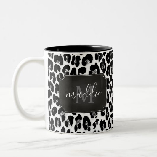 Sparkly Girly Glitter Leopard Monogramme Name Tweekleurige Koffiemok (Links)