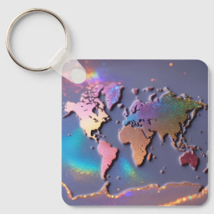 Sparkly Glitter 3D Kleurrijke Wereldkaart Sleutelhanger