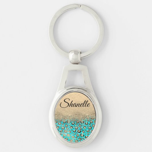Sparkly Glitter Chique Turquoise Leopard Custom Sleutelhanger (Voorkant)