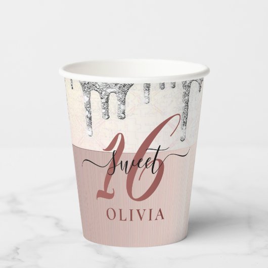 Sparkly Glitter Drips Sweet 16 16 Papier Cup Papieren Bekers (Achterkant)
