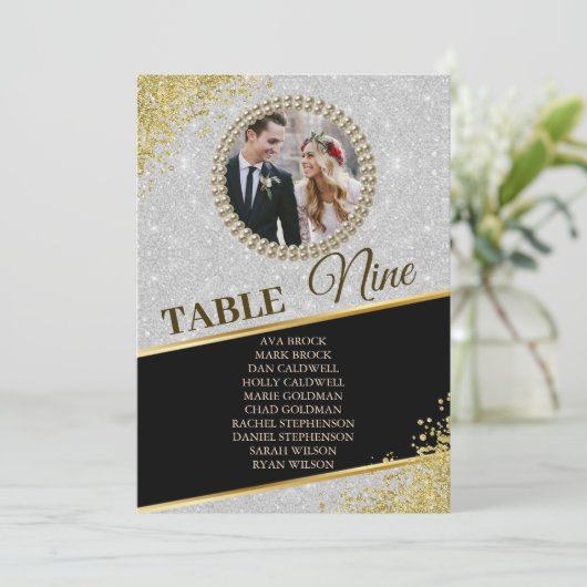 Sparkly Glitter Elegant Photo Seating Chart Kaart (Staand voorkant)