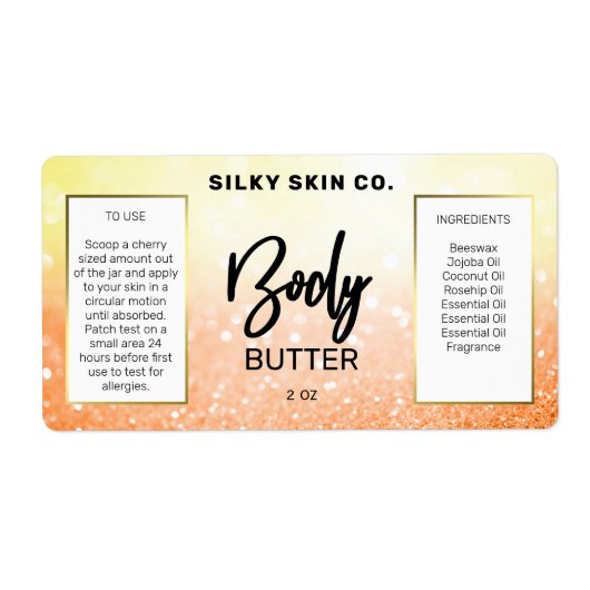 Sparkly Glitter Oranje Yellow Body Butter Label (Voorkant)