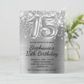 Sparkly Glitter Silver Balloon 15th Birthday Kaart (Staand voorkant)
