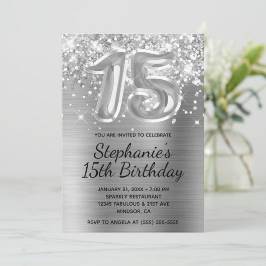 Sparkly Glitter Silver Balloon 15th Birthday Kaart (Staand voorkant)